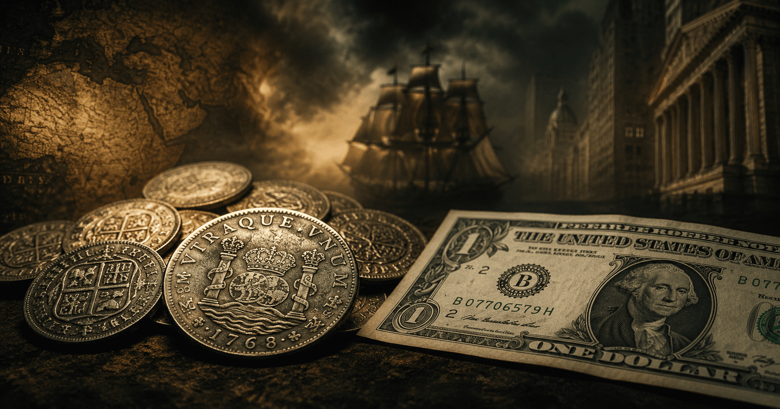 Spanish silver coins and US dollar bill - Dollar Ki Kahani Part 1