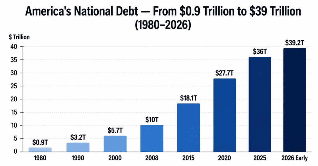 US national debt growth chart 1980 to 2026 — $0.9 trillion to $39 trillion