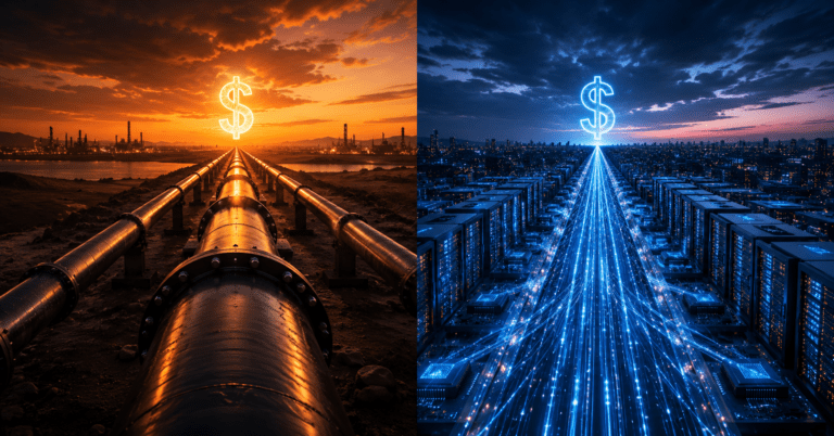 Split image comparing an oil pipeline at sunset with glowing digital data streams flowing into server farms, both ending in a dollar sign — illustrating the petrodollar and Techno-Dollar parallel