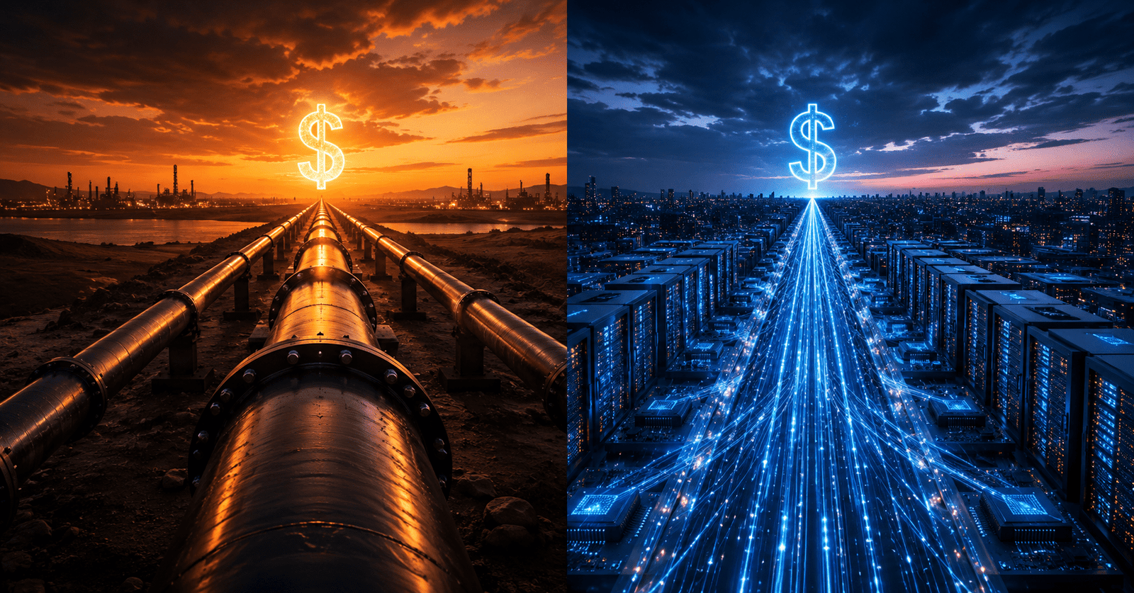 Split image comparing an oil pipeline at sunset with glowing digital data streams flowing into server farms, both ending in a dollar sign — illustrating the petrodollar and Techno-Dollar parallel