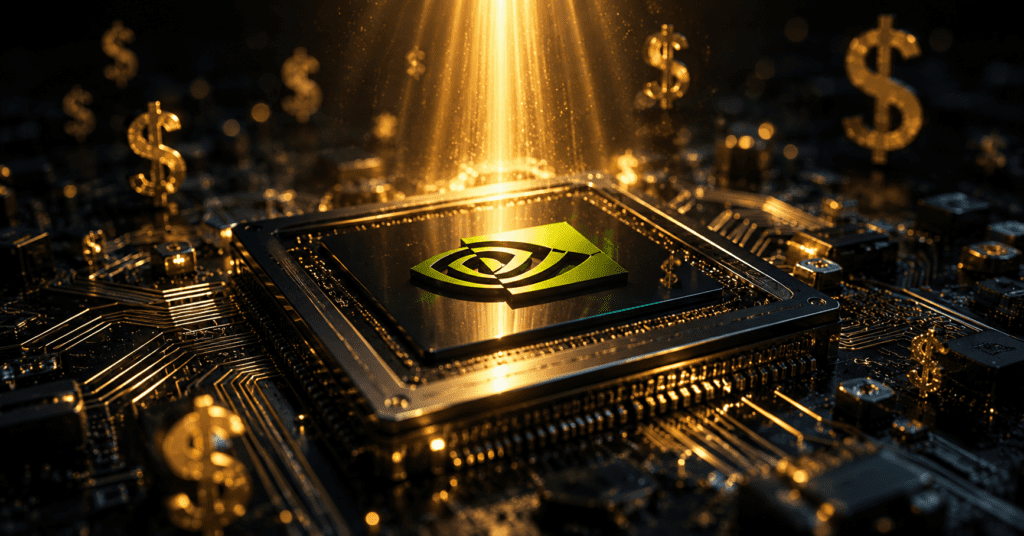 Close-up of an NVIDIA GPU chip lit dramatically from above, with circuit patterns and faint dollar sign reflections visible on its surface