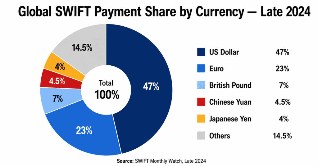 Global SWIFT payment share by currency — dollar vs yuan vs euro chart