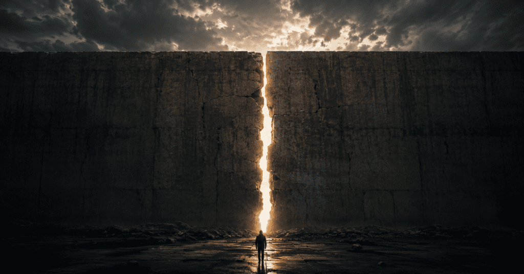 A massive stone wall with a single crack running top to bottom, glowing light visible through the crack — symbolizing DeepSeek cracking American AI dominance