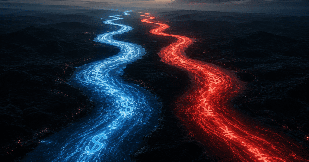 Aerial view of two parallel rivers flowing side by side without merging, one glowing blue and one glowing red — representing separate dollar-based and yuan-based AI ecosystems
