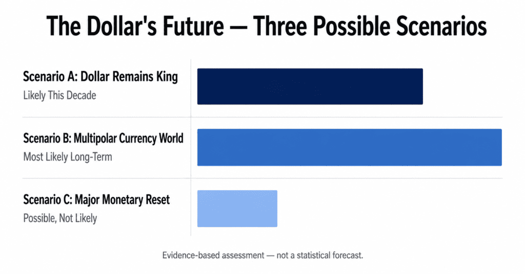 Dollar future scenarios likelihood — three possible outcomes
