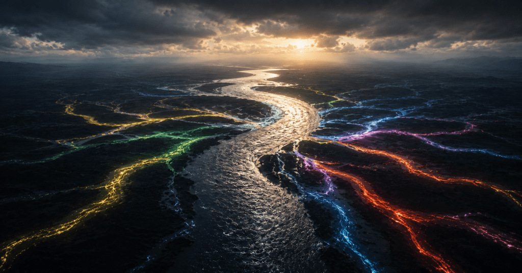 A wide river splitting into multiple smaller glowing streams at a delta, with the main river remaining largest — symbolizing the dollar's dominance fragmenting into new sources of demand