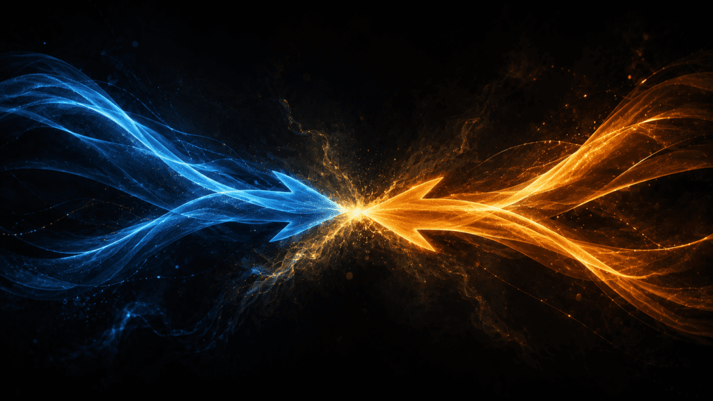 Abstract visualization of dollar and rupee currency flows moving in opposite directions, representing bidirectional currency risk