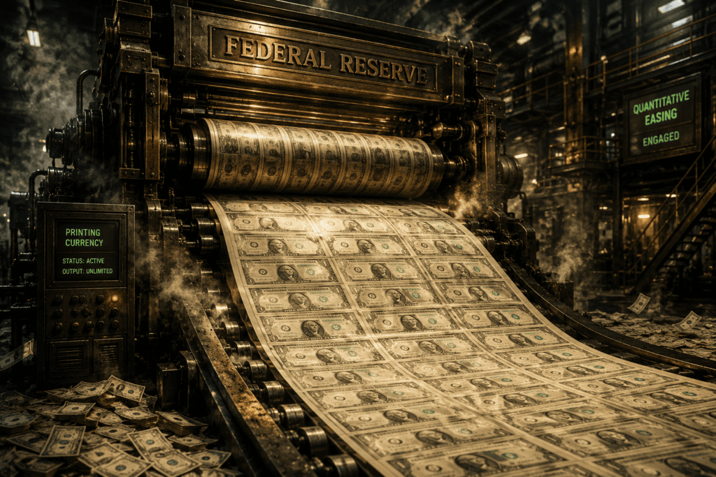 Quantitative easing explained — Federal Reserve money printing illustration