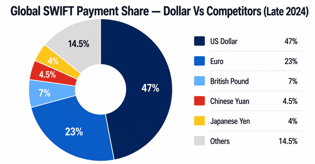 Global SWIFT payment share by currency — dollar vs yuan vs euro chart