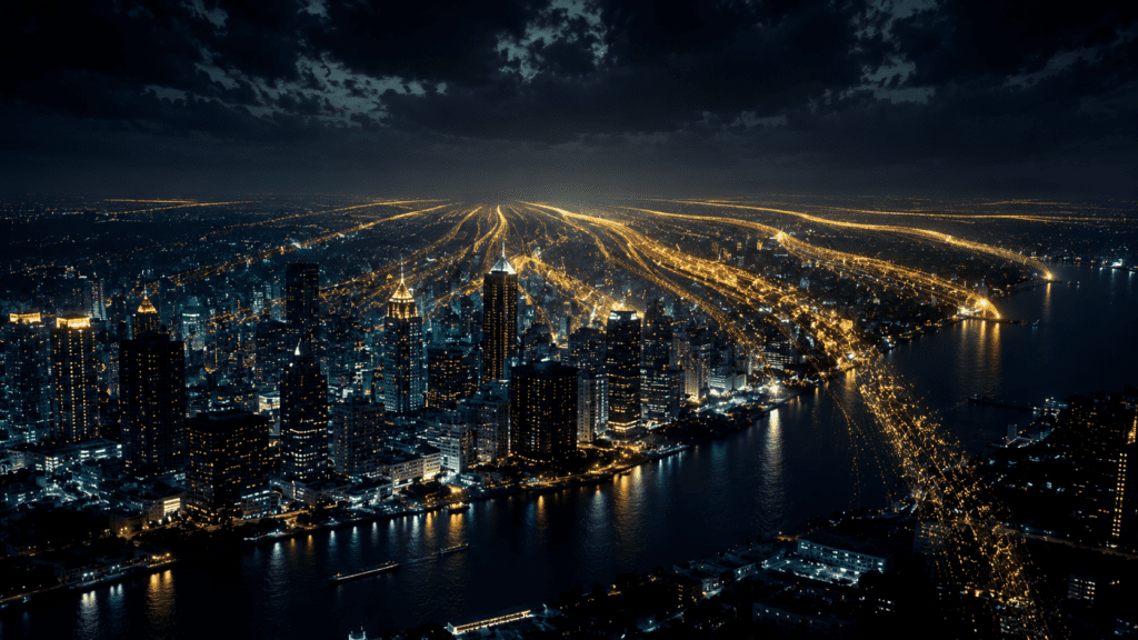 Nighttime Asian city skyline with golden light trails flowing outward, representing hot money capital flight during a financial crisis
