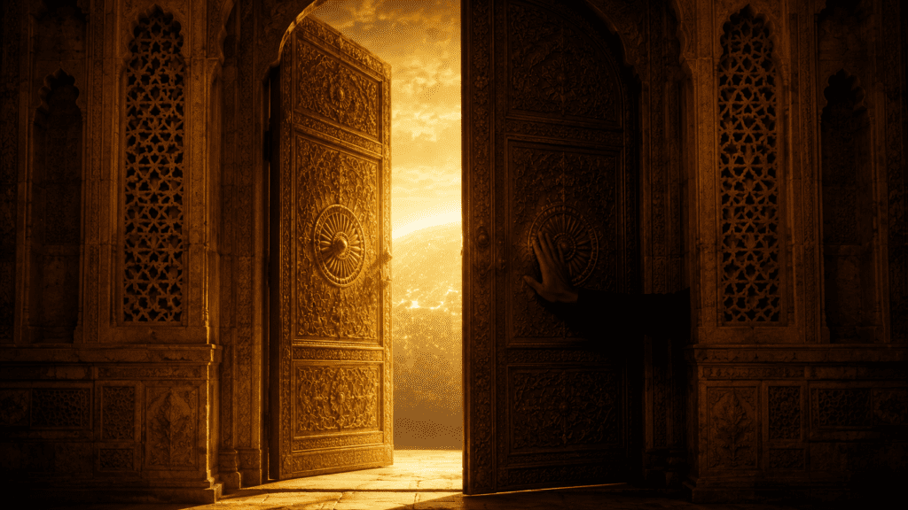 Ornate doors with Indian jali lattice architecture, one open with light and one closing, symbolizing India's foreign investment policy balance