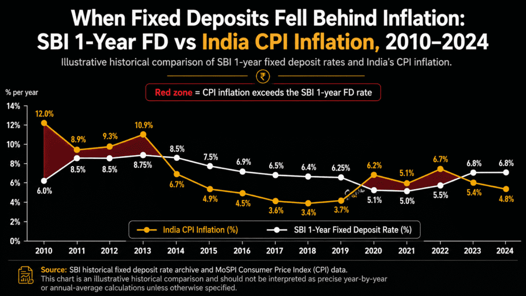 Line chart showing India CPI inflation vs SBI 1-year FD rate from 2010 to 2024, with red shaded zones highlighting periods of negative real return — 2011 to 2013 and 2020 to 2021