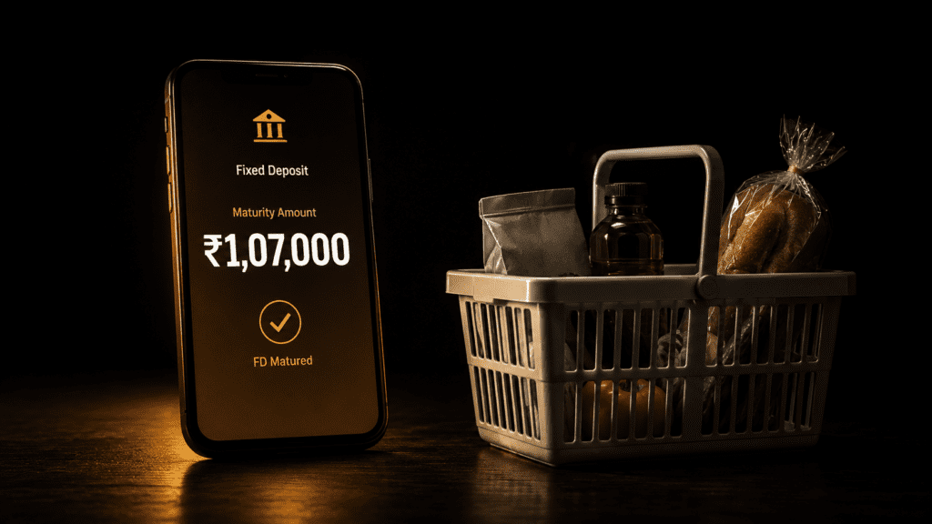 real return vs nominal return. Split illustration showing a smartphone with rising bank balance of rupees 1 lakh 7 thousand next to an emptier grocery basket, representing nominal gain versus real purchasing power loss