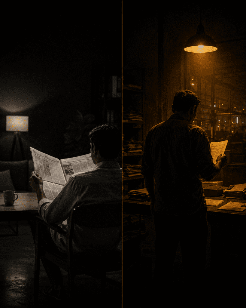 Split cinematic portrait of two Indian men, one reading a newspaper calmly and one staring at a factory fuel bill stressed, representing consumer versus producer inflation in India