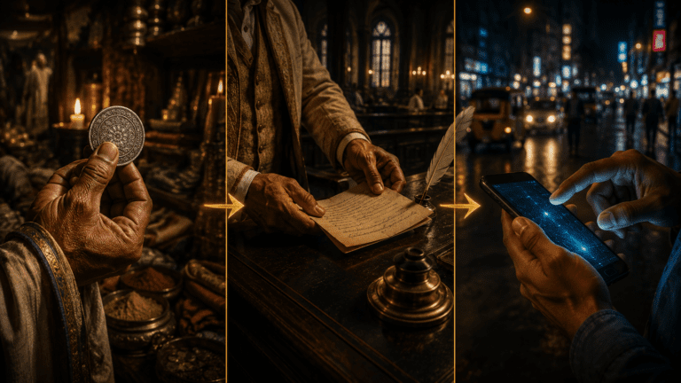 Rupee Ki Kahani Prologue — Teen haath, teen daur: medieval silver coin, colonial document, aur modern digital payment ka act of trust