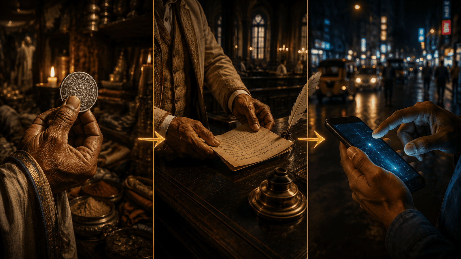 Rupee Ki Kahani Prologue — Teen haath, teen daur: medieval silver coin, colonial document, aur modern digital payment ka act of trust