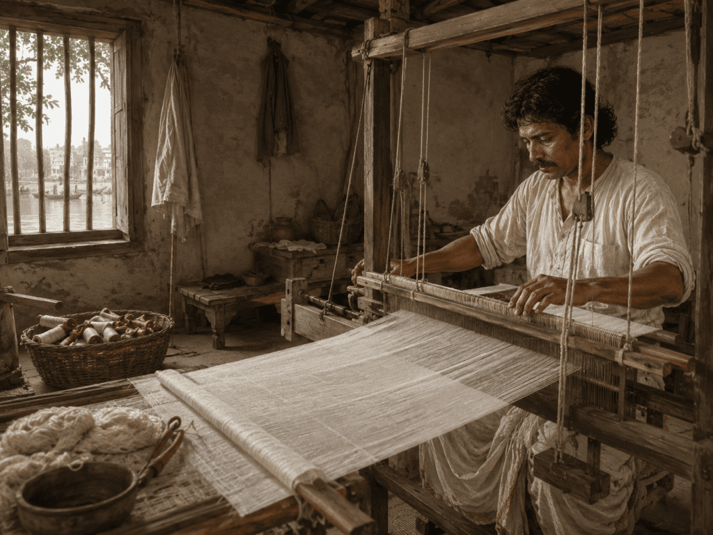 Illustration of a weaver working at a traditional wooden handloom inside a riverside home - Bharat Duniya Ki Workshop 