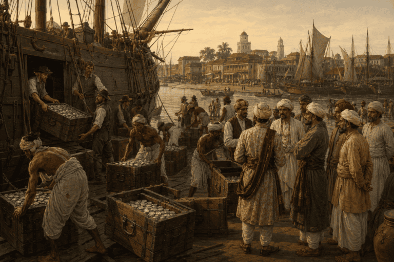Illustration of dockworkers unloading crates of silver coins from a European trading ship at an Indian Ocean port - Bharat Duniya Ki Workshop