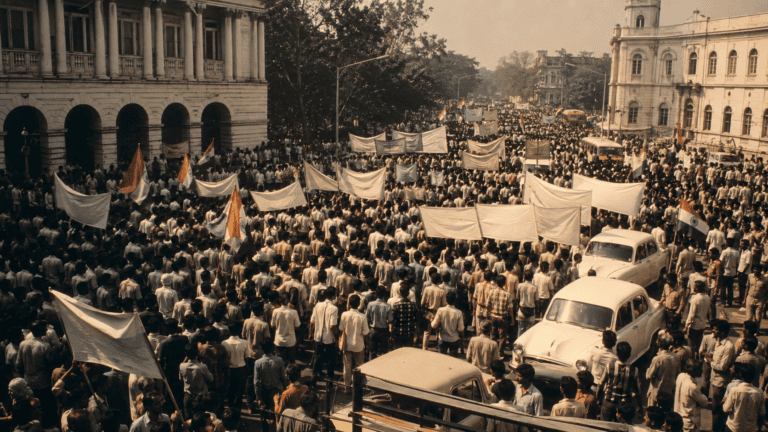 1974 student protest crowd on an Indian city street, archival-style photograph