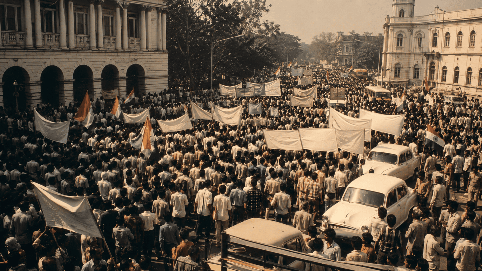 1974 student protest crowd on an Indian city street, archival-style photograph