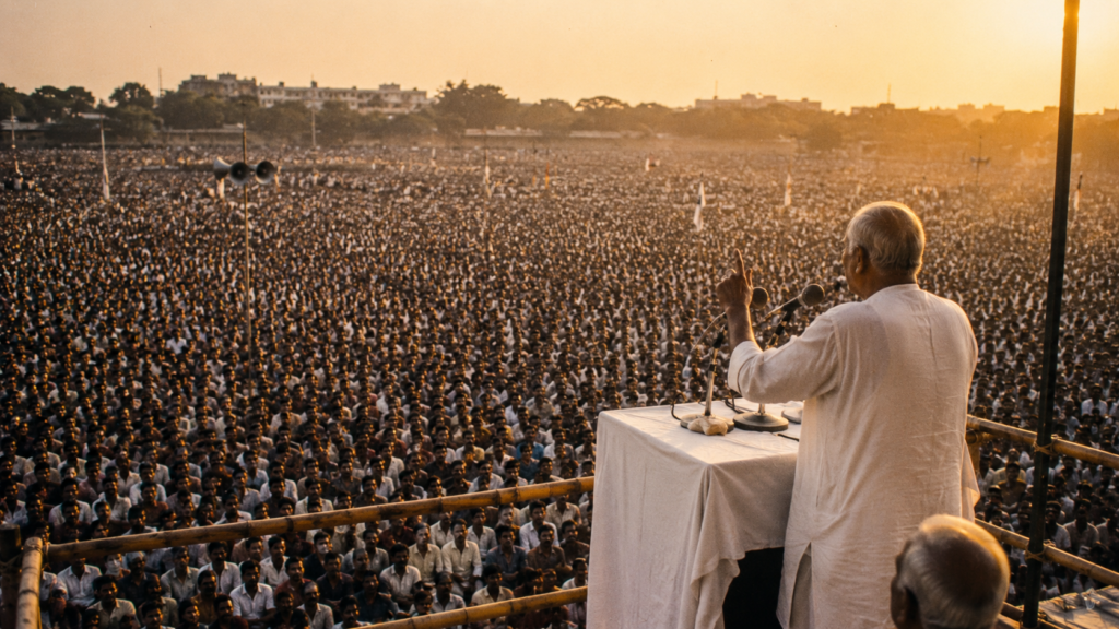 Massive crowd gathering at Gandhi Maidan, Patna, 1974, evocative of the Sampoorna Kranti speech. JP Movement 1974