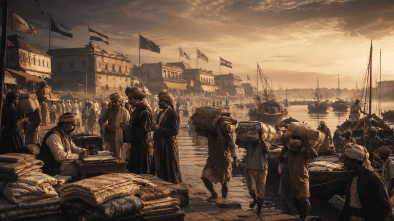 Rupee Ki Kahani Part 3 — 18th century Murshidabad river port, merchants aur coolies maal utaar rahe hain, Bengal ka sabse bada trading hub. Bengal- Mughal Empire Ka Cash Engine