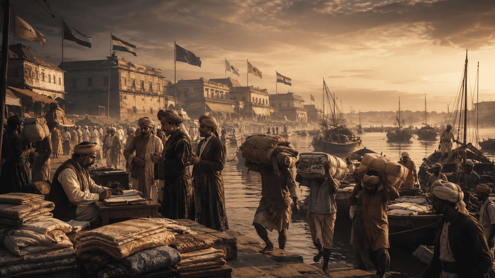 Rupee Ki Kahani Part 3 — 18th century Murshidabad river port, merchants aur coolies maal utaar rahe hain, Bengal ka sabse bada trading hub. Bengal- Mughal Empire Ka Cash Engine
